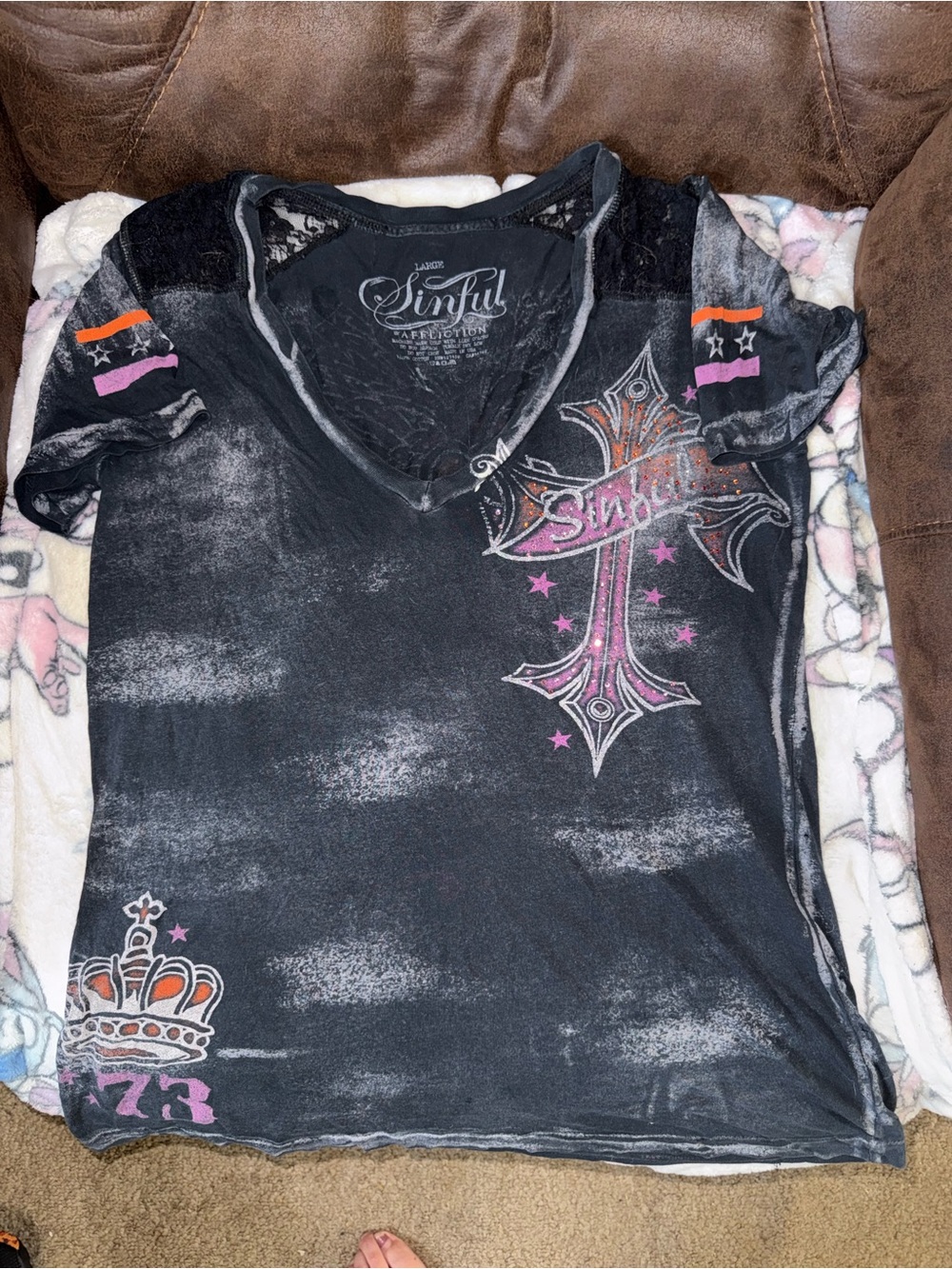 Sinful Black Short-Sleeve V-Neck Tee with Pink & Orange Accents